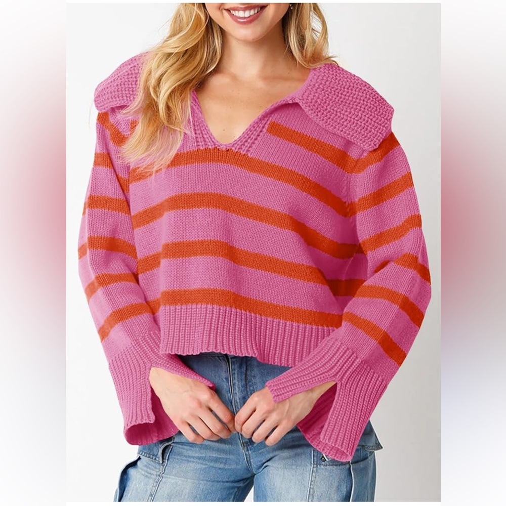 Womens Striped Sweater VNeck Collared Knitted Long Sleeve cropped Pullover Small